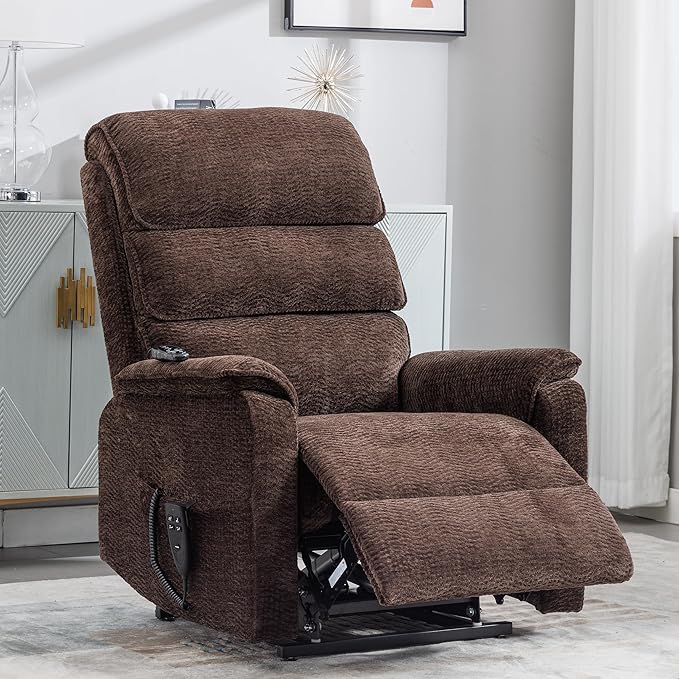 Lay Flat Lift Chair with Heat and Massage, Dual Motor Recliner, Infinite Position, Up to 350 LBS, Dark Brown, Chenille Fabric