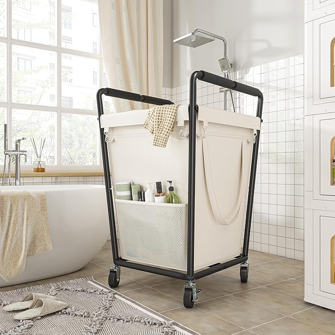 Laundry Basket with Wheels & Handles, 180L Laundry Cart with Removable Bag & Metal Frame for Clothes Storage, Laundry Room Organization Rolling Hamper with Wheels For Laundry, Dorm (Beige)