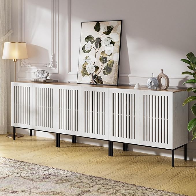 Farmhouse TV Stand for TVs up to 95 inch, 3 in 1 Entertainment Center TV Console with Storage Cabinets and Metal Base,Media Console for Living Room, Antique White