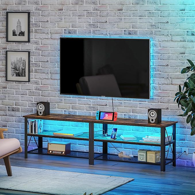 Clikuutory Modern Brown 71 inch Metal TV Stand with LED Lights and Power Outlets for 50 60 65 70 75 80 Inch TVs, 3 Tier Television Stands with Entertainment Center and Storage for Living Room, Bedroom