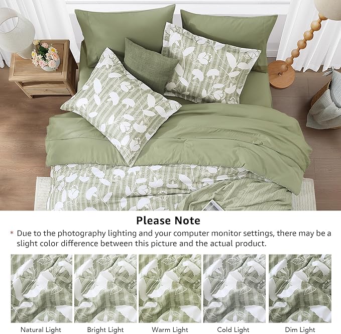 Full Comforter Set -7 Pieces Sage Green Floral Comforter Set for All Seasons, Bed in a Bag Full with Botanical Flowers Comforter, Sheets, Pillowcases & Shams