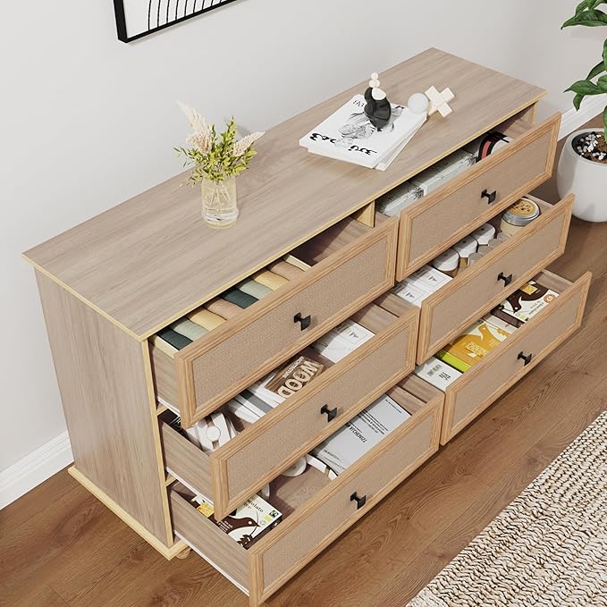 ORRD 6 Drawer Dresser for Bedroom, Mid Century Modern Wide Wood Rustic Chest of Drawers Wooden Storage Organizer Dressers with Burlap Rattan Drawers for Living Room, Hallway Closet, Entryway, Natural