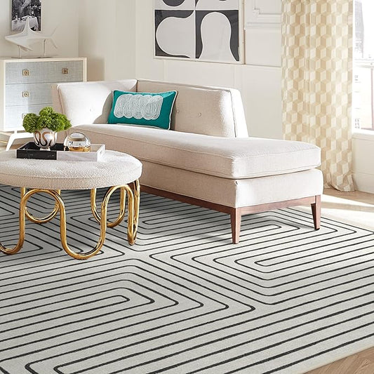 RUGGABLE x Jonathan Adler Machine Washable Modern Area Rug – Labyrinth Black/Ivory 8x10, Stain-Resistant, Non-Slip – Large Rugs for Living Room, Bedroom, Hallway, Entryway & Office–with Standard Pad