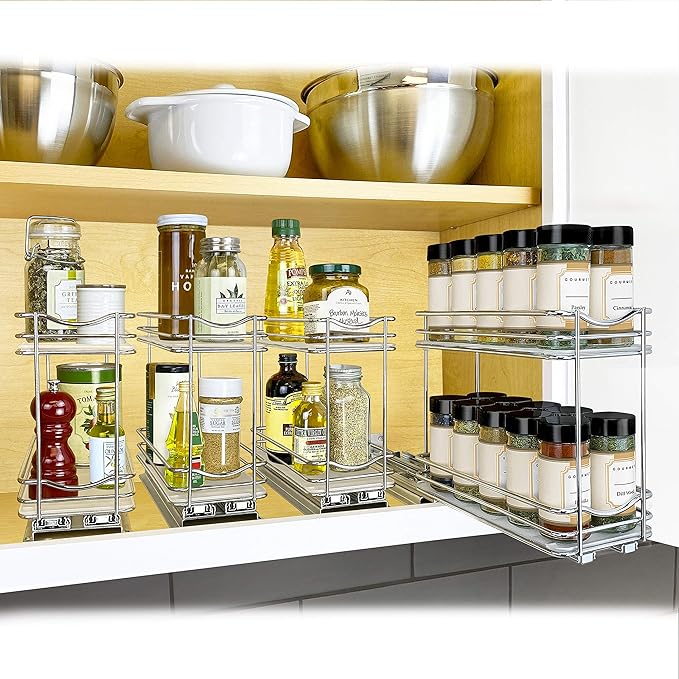 LYNK PROFESSIONAL® Pull Out Spice Rack Organizer for Inside Kitchen Cabinets - 4-1/4 inch Wide - Slide Out Drawer – Chrome Sliding Spice Cabinet Organization Shelf Racks - 2 Tier