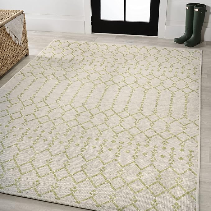 JONATHAN Y Moroccan Geometric Indoor Outdoor Area Rug 4X6 Cream/Green, Ourika Textured Weave for Backyard, Patio, Porch, Easy-Cleaning, High Traffic, Pet-Friendly, Non-Shedding (SMB108M-4)