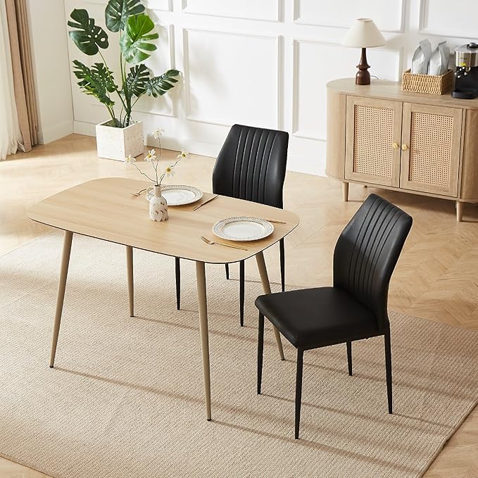 47.2'' Modern Solid Wood Dining Table Set for 4 with Scratch-Resistant Surface & 4 Black Leather Chairs - Cat-Friendly Kitchen Dining Room Furniture Set
