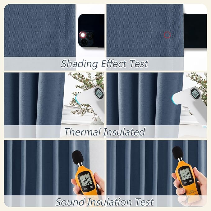 Guken Blackout Curtains 120 Inch Length 2 Panels Set for Living Room Bedroom Back Tab Thermal Insulated 100% Black Out Linen Drapes Room Darkening Window Curtains 120 Inches Long,Denim Blue