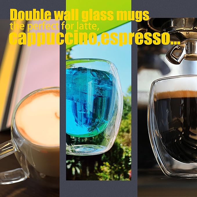 PunPun 8.5oz/250ml Espresso Cups, Double Wall Insulated Glass Cups, Set of 2