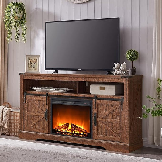 OKD Fireplace TV Stand for 65+ Inch TV, 33" Tall Highboy Farmhouse Entertainment Center w/ 23'' Electric Fireplace, Rustic Media Console w/Sliding Barn Door for Living Room, Reclaimed Barnwood Color