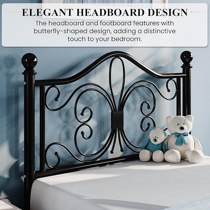 SHA CERLIN Twin Size Bed Frame for Kids,Metal Bed Frame with Butterfly Pattern Design Headboard and Footboard,No Box Spring Needed,Easy Assembly,Black