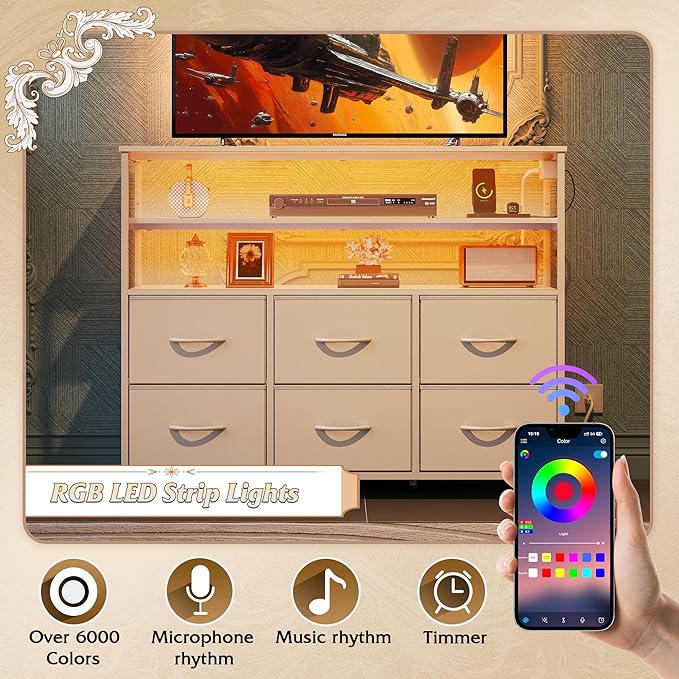 WLIVE White TV Stand for 40, 45 inch TV, Entertainment Center with LED Lights & Charging Station, TV Media Console Table with 6 Fabric Drawers and Open Shelves for Living Room, Hallway, Wood Top