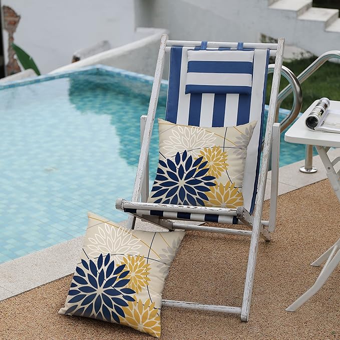 Outdoor Pillow Covers 18x18 Inch Set of 2 Navy Blue Yellow Outdoor Waterproof Decorative Throw Pillows Summer Spring Decor for Home Patio Funiture Garden Living Room Polyester Cushion Covers 01G18