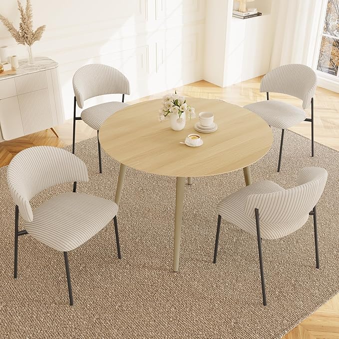 43.3 Inch Round Dining Table Set for 4, Modern Small Kitchen Coffee Set for Dining Room Kitchen Apartment (Cream Table + 4 White Shell Chairs)