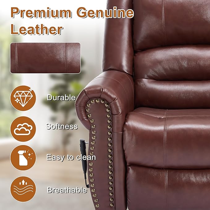 Power Lift Recliner Chair for Elderly, Dual Motor Massage Recliner with Lumbar Heat, Heavy Duty Motion Mechanism Lift Chair with Charge Ports, Genuine Leather - Red