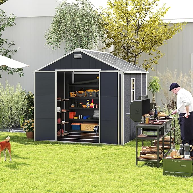 8x8 FT Outdoor Storage Resin Shed with Floor, Waterproof Plastic Garden Tool Shed with Windows, Vents & Lockable Door and Sloped Roof, Easy to Assemble Bike Shed for Patio, Backyard, Lawn, Black