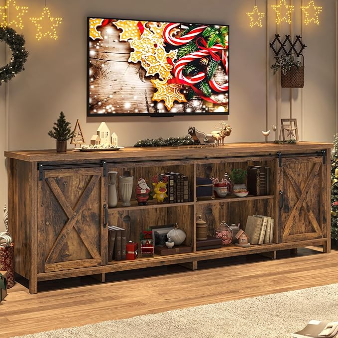 Farmhouse TV Stand for 90 Inch TV with Sliding Barn Door, Rustic Wood Entertainment Center Large Media Console Cabinet Long Television Stands,Console Table and Media Furniture for Living Room(Brown)