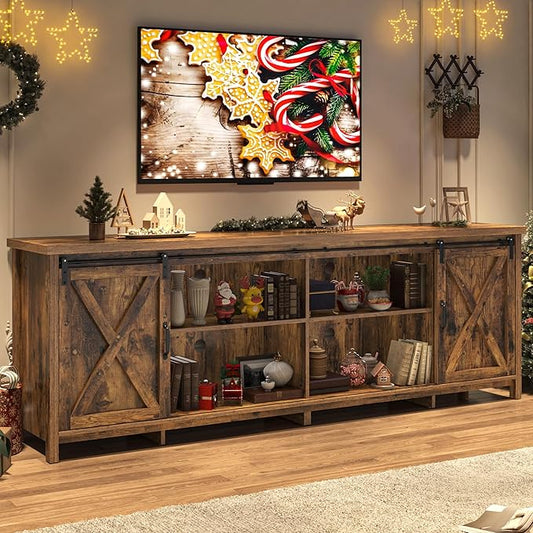Farmhouse TV Stand for 90 Inch TV with Sliding Barn Door, Rustic Wood Entertainment Center Large Media Console Cabinet Long Television Stands,Console Table and Media Furniture for Living Room(Brown)
