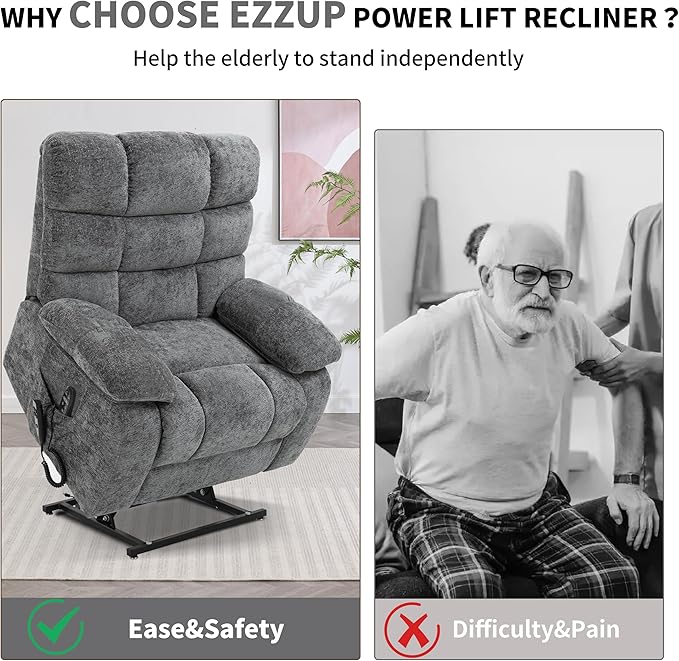 Power Lift Recliner Chair for Elderly People, Lay Flat Recliner with Vibration Massage and Lumbar Heating, Lift Chair with Infinite Position and 2 Remote Controls, Chenille Fabric Gray