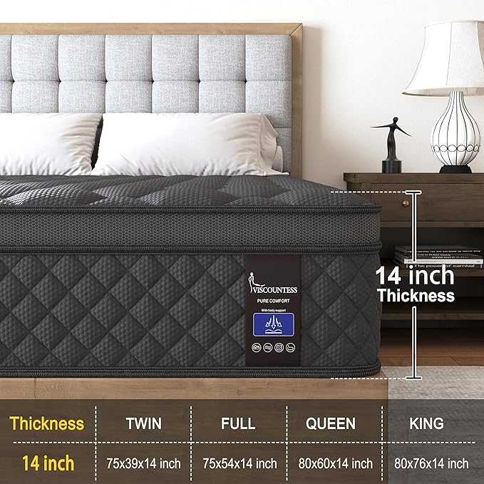King Hybrid Mattress, 14 Inch Medium Mattress Euro Top for Back & Lumbar Support, 100 Night Trial, Individual Pocket Spring Bed for Motion Isolation & Pressure Relief