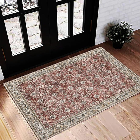 Washable Area Rug 2'x3' Door Mat Vintage Distressed Doormat Indoor Entrance Traditional Thin Rug Floral Print Non Slip Carpet for Kitchen Bathroom Bedroom Living Room