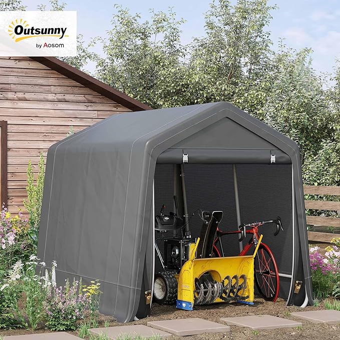 Outsunny 8' x 7' Carport Portable Garage, Heavy Duty Storage Tent, Patio Storage Shelter w/Anti-UV PE Cover and Double Zipper Doors, for Motorcycle Bike Garden Tools, Dark Gray