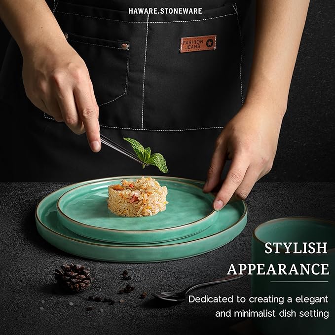 HaWare Dinnerware Sets, 16-Piece Stoneware Plates and Bowls Set, Elegant Ceramic Dish Set for 4, Chip and Scratch Resistant, Microwave and Dishwasher Safe, Reactive Green