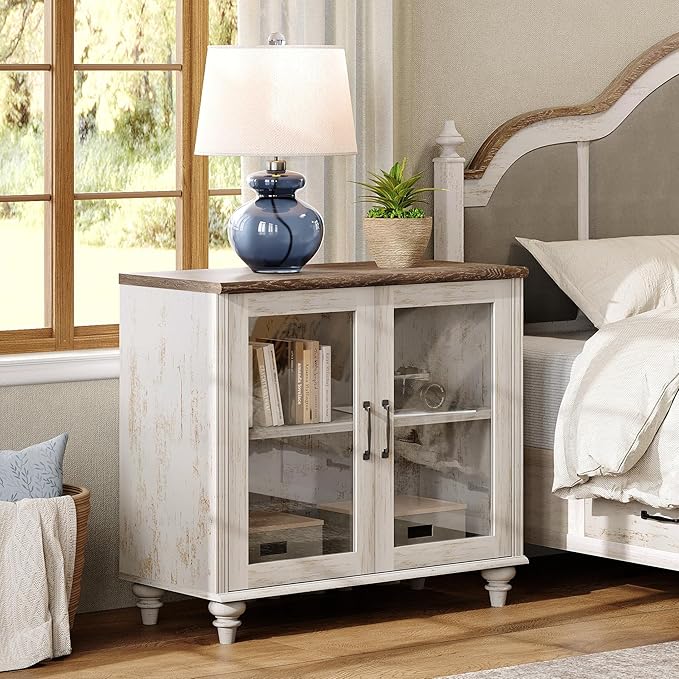 WAMPAT Farmhouse TV Stand for TVs Up to 43 inch, Glass Wood Universal TV Stand with a Large Storage Cabinets, Entertainment Center, TV Console Table for Living Room, Bedroom, Rustic White