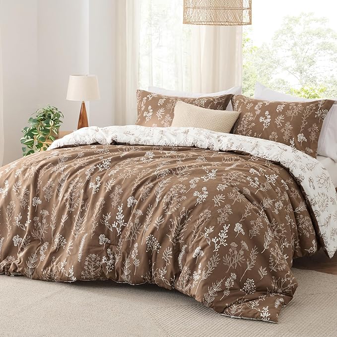Bedsure Queen Comforter Set - Brown Bed Set, 3 Pieces Cute Floral Bedding, 1 Soft Reversible Botanical Flowers Comforter and 2 Pillow Shams