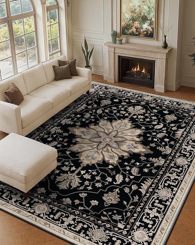 Area Rugs 8'x10' Washable Non-Slip, Floral Vintage Distress Print Pattern Medallion Carpet for Living Room Bedroom Dining Room, Black Brown Neutral Dark Tan