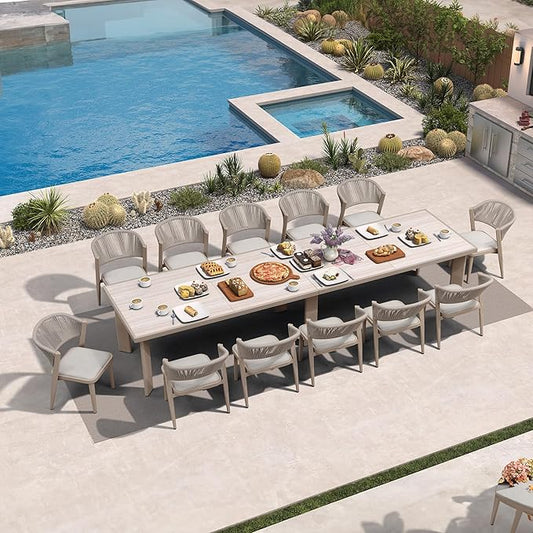 PURPLE LEAF 13-Piece Patio Dining Set Outdoor Furniture Rectangular Table and Chairs Set with Aluminum Frame and Wicker Rattan for Garden Deck Backyard Kitchen Champagne Outdoor Set