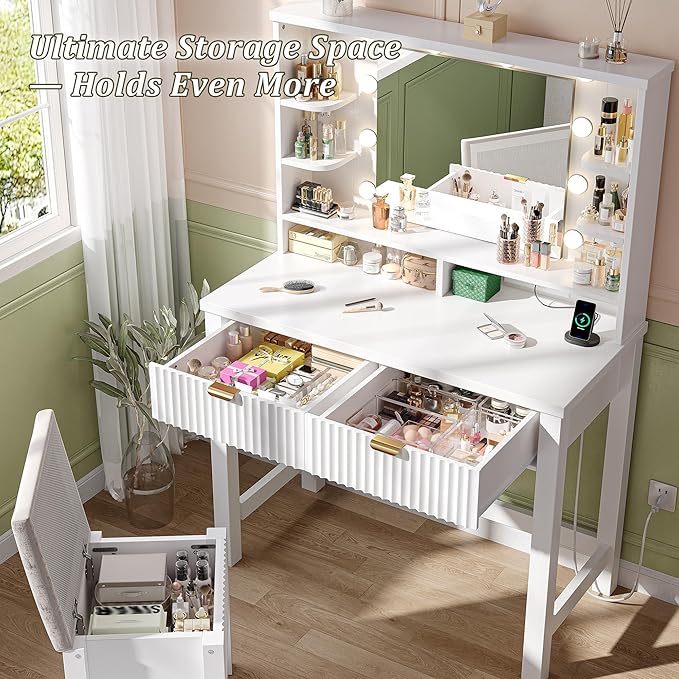 Vanity Desk with HD Mirror and 3-Color Adjustable Lights, Fluted Makeup Vanity with Storage Stool, 2 Large Drawers & Charging Station, Small Vanity for Women's Bedroom, Dressing Room, White