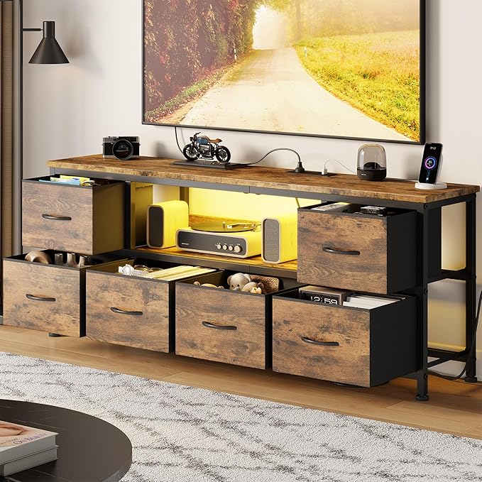Lulive TV Stand for Living Room, LED Rustic Brown Dresser for Bedroom with 6 Fabric Drawers,43 55 60in TV Stand with Power Outlet, Entertainment Center with Open Shelf