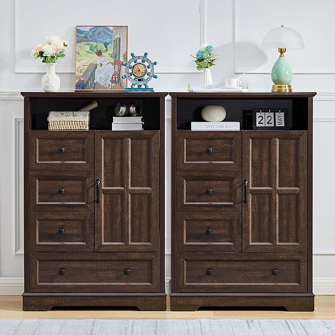 4+1 Cherry Dresser for Bedroom, Chest of Drawers for Bedroom with Wooden Drawers and Cross Door, Wood Dressers Storage TV Stand for Bedroom, Living Room