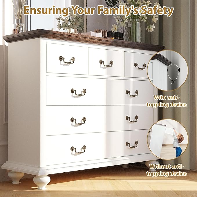 GAOMON 9 Drawers Dresser for Bedroom, Wooden Chest of Drawer with Large Drawers & Metal Handles for Bedroom, Living Room, Hallway, White & Brown