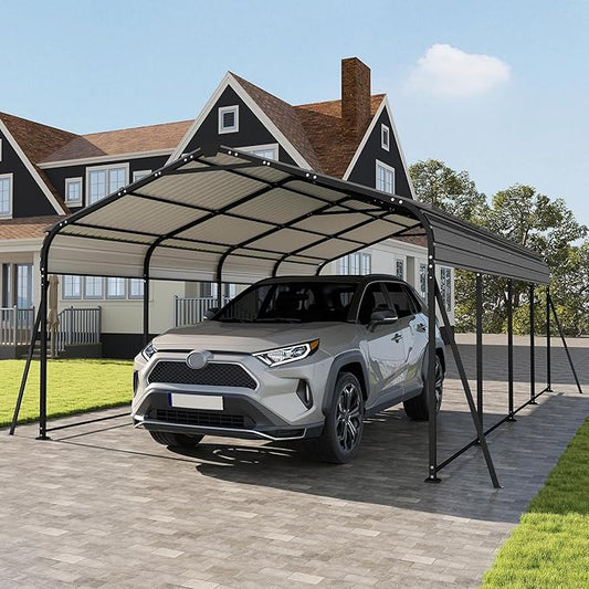 12x20FT Metal Carport, Heavy Duty Frame with Updated Galvanized Steel Roof, Enhanced Base, Outdoor Garage Car Storage Shelter for Cars, Boats, Tools, Party