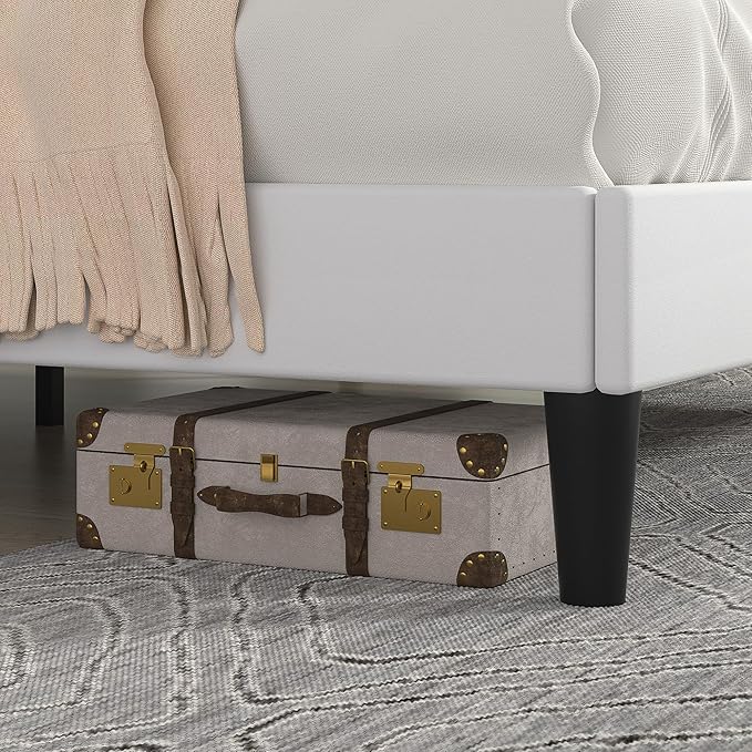 VECELO Full Size Bed Frame with Upholstered Headboard, Velvet Platform Bedframe Mattress Foundation, Strong Wood Slat Support, No Box Spring Needed,White