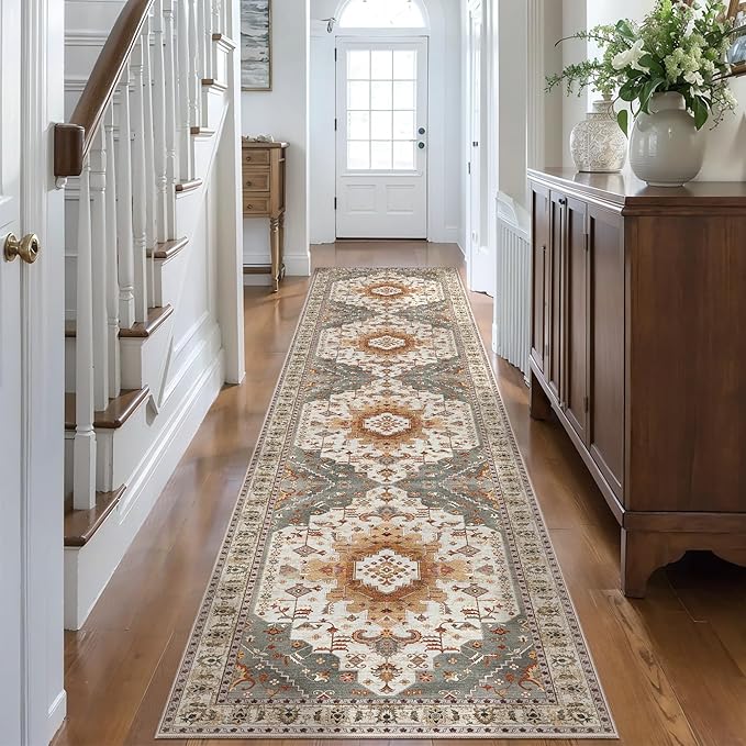 Tangsoo 2x10 Vintage Floral Geometric Runner Rug, Turmeric & Multicolor, Machine Made, Non-Slip, Washable, 0.35 Inch Pile, Rectangular, Indoor, Entryway & Living Room