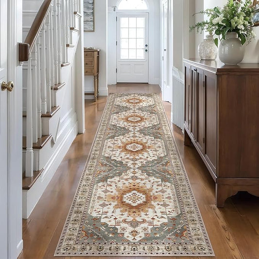 Tangsoo 2x10 Vintage Floral Geometric Runner Rug, Turmeric & Multicolor, Machine Made, Non-Slip, Washable, 0.35 Inch Pile, Rectangular, Indoor, Entryway & Living Room