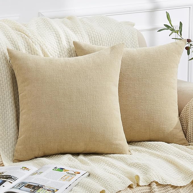 GAWAMAY Decorative Chenille Throw Pillow Covers 26x26 Inch Pack of 2, Soft Square Couch Pillow Cover for Sofa Cushion Living Room Bedroom Solid Dyed Oversized Pillowcases Khaki 66x66cm (ONLY Covers)