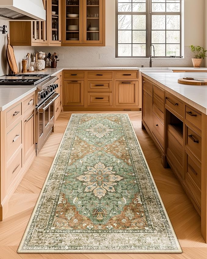 Area Rugs 2'x6' Washable Non-Slip, Floral Vintage Distress Print Pattern Medallion Carpet for Living Room Bedroom Dining Room, Brick Red Rust Neutral Brown Burnt Orange Green