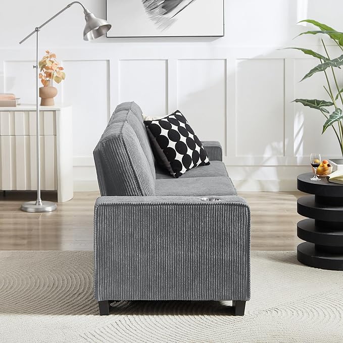 Furnimart Modern 3 Seater Couches, Cozy Deep Seat Sofa, Comfy Fluffy Couch for Living Room, Small Couches for Small Space, with Removable Sofa Cover, Grey Corduroy Fabric