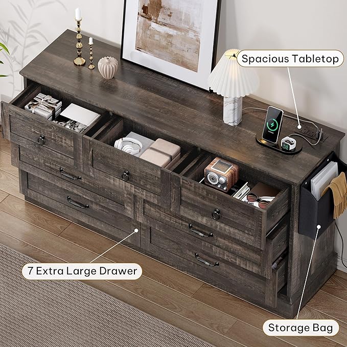 DWVO Farmhouse 7 Drawers Dresser, 59" Wide Wood Rustic Chest of Drawers with Nice Texture, Vintage Design, Storage Dressers Organizer for Living Room, Hallway, Dark Rustic Oak
