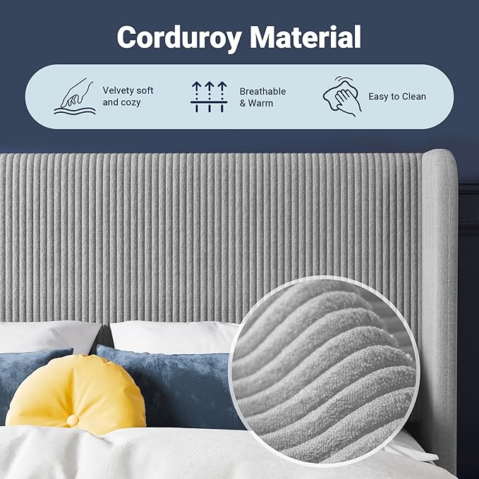 Allewie Full Size Bed Frame with Upholstered Wingback Headboard, Vertical Channel Tufted Corduroy Velvet Platform Bed, Strong Wooden Slats Support, No Box Spring Needed, Easy Assembly, Light Grey