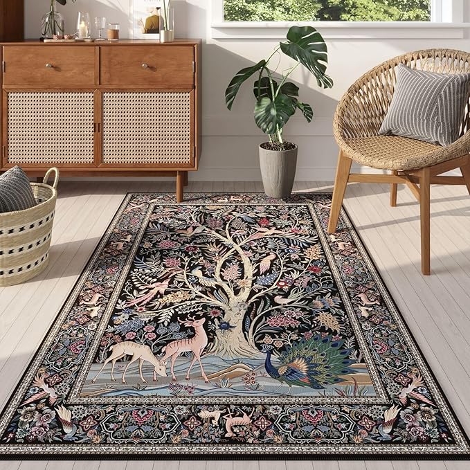 Area Rugs 4x6 Vibrant Tree of Life-Patterned Vintage Washable Rugs Non Slip Low Pile Small Carpet for Bedroom Bedside Kids Room Office Dining Room, Black