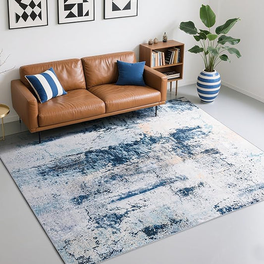 Abstract Area Rug 5x8 Rugs, Machine Washable Rug Non-Slip Low Pile Rug for Living Room, Bedroom, Farmhouse, Dining Room, Aqua Blue