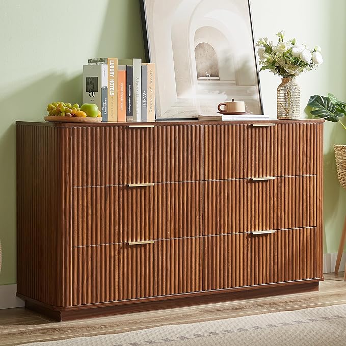 VMU Fluted Dresser with 6 Deep Drawers，55" Modern Wooden Chest of Drawers with Metal Handles, TV Stand with Curved Profile, Closet Clothes Storage Organizer for Bedroom, Living Room, Hallway (Walnut)