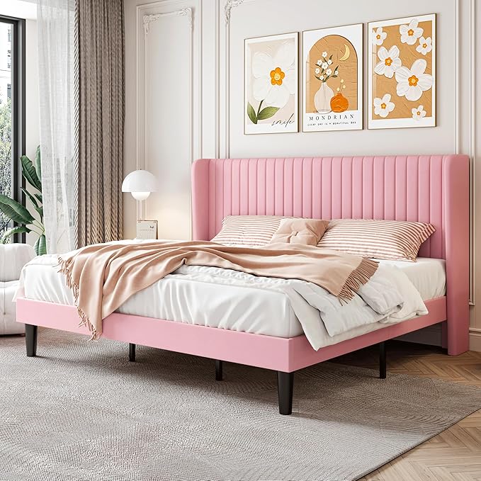 SHA CERLIN King Size Velvet Bed Frame with Vertical Channel Tufted Wingback Headboard, Upholstered Platform Bed with Wood Slats, No Box Spring Needed, Easy Assembly, Pink