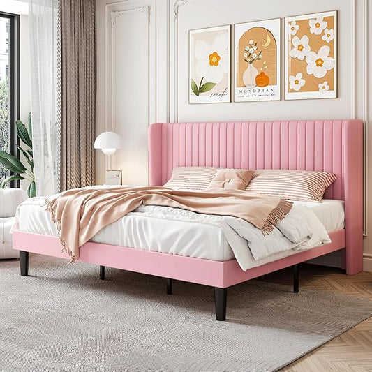 SHA CERLIN King Size Velvet Bed Frame with Vertical Channel Tufted Wingback Headboard, Upholstered Platform Bed with Wood Slats, No Box Spring Needed, Easy Assembly, Pink