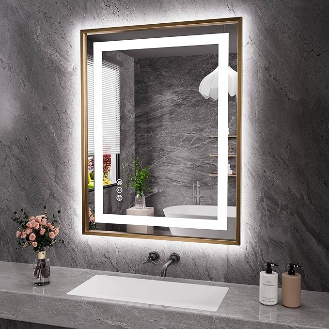 Amorho 28"X36" Gold LED Bathroom Mirror, Metal Framed Mirror with Front Light and Backlit, Stepless Dimmable, Anti-Fog, Shatter-Proof, Memory, 3 Colors