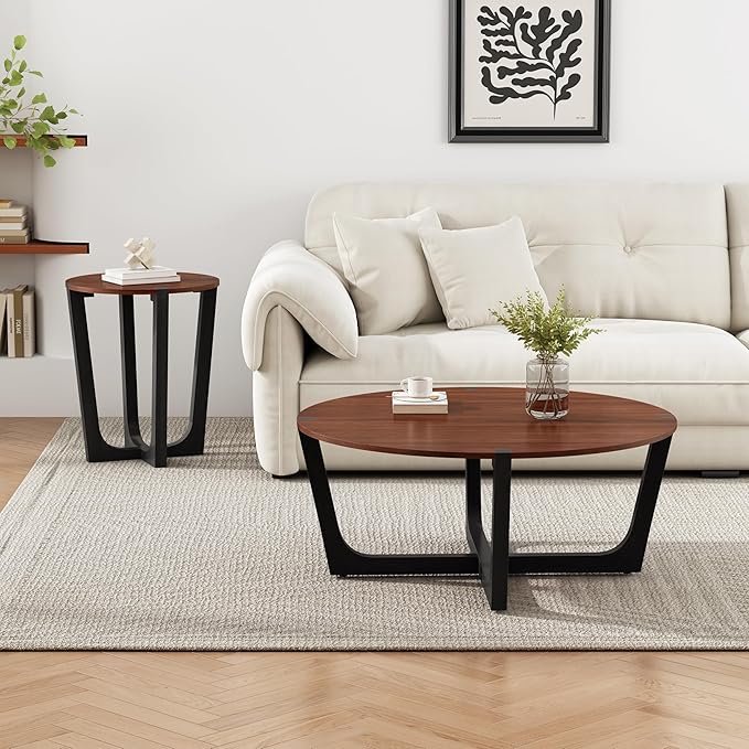 44.2" Acacia Wood Coffee Table,Modern Industrial Accent Tables,Round Table for Indoor,Outdoor,Living Room,Lounge,Patio,Natural+Black